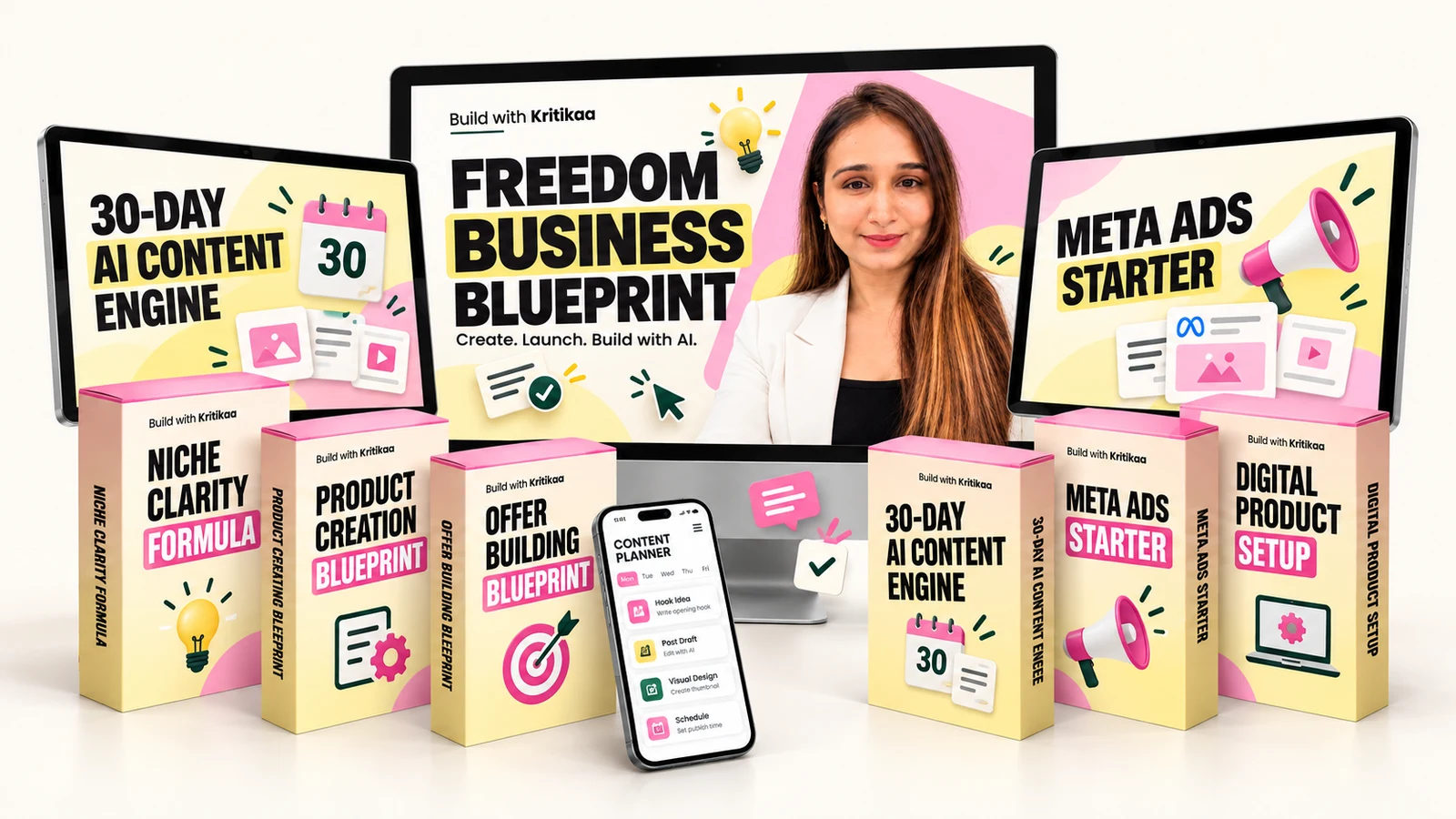 Freedom Business Blueprint digital course bundle with six modules displayed on a desktop screen, tablets, phone and book-style mockups.